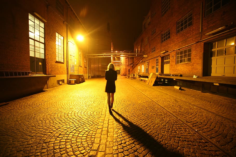 road, person, woman, lights, alone, architecture, blond, brickwalls HD wallpaper