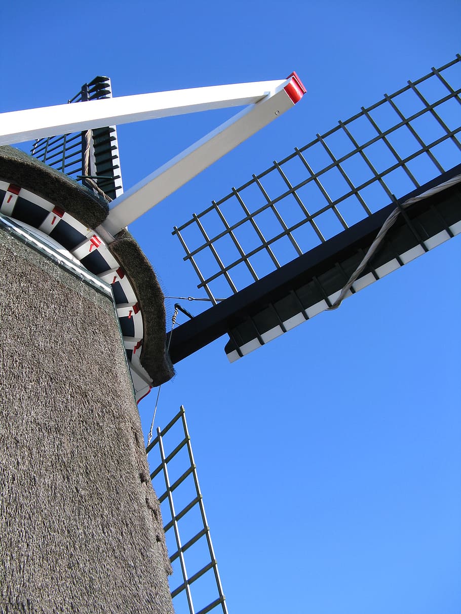 mill, wicks, blue, sky, low angle view, clear sky, nature, built structure HD wallpaper