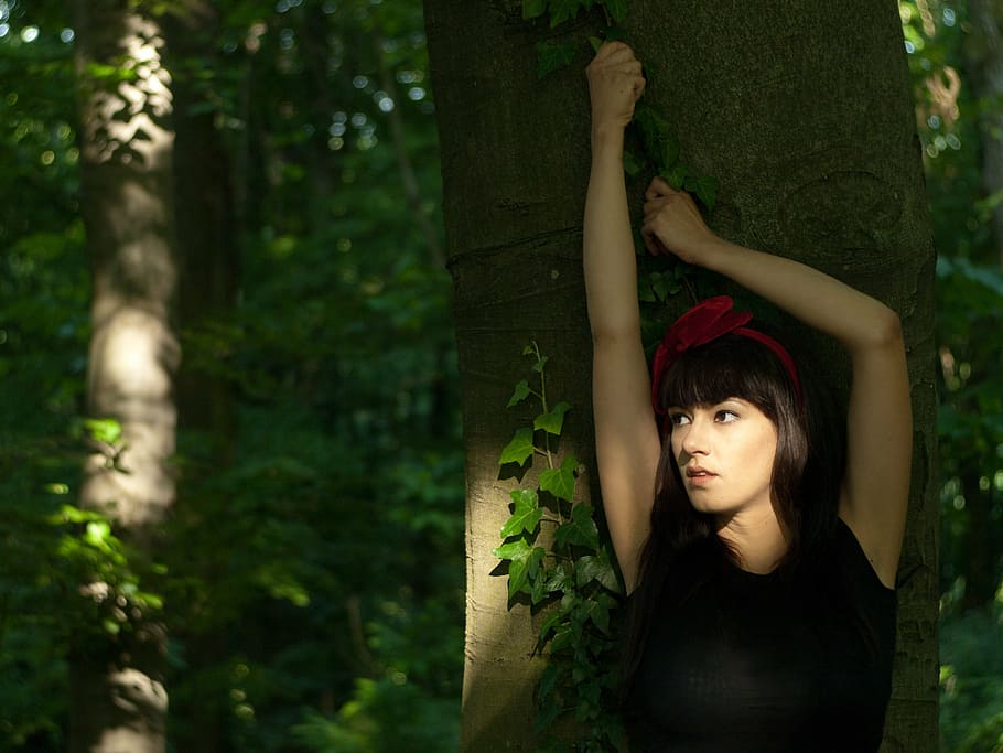 woman standing against tree, yes, no, how, women, forest, nature HD wallpaper
