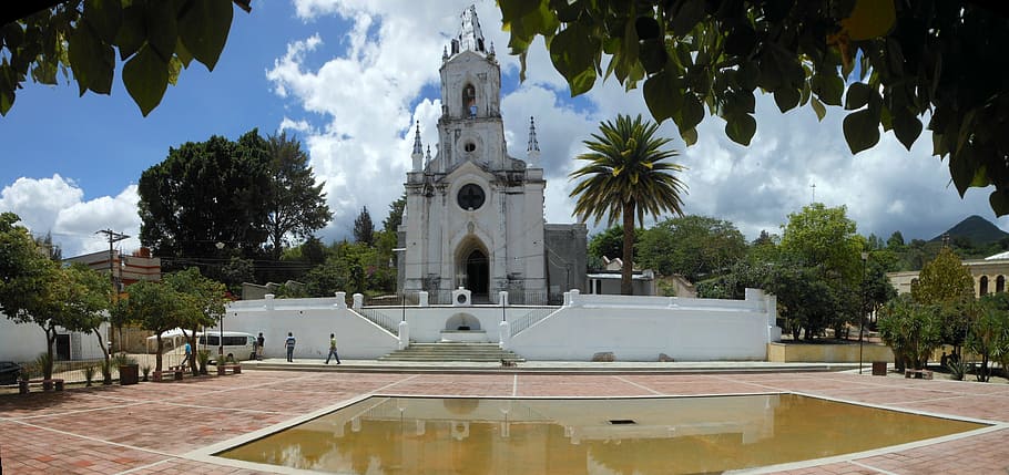 white concrete church, oaxaca, lake, sky, architecture, mexico HD wallpaper
