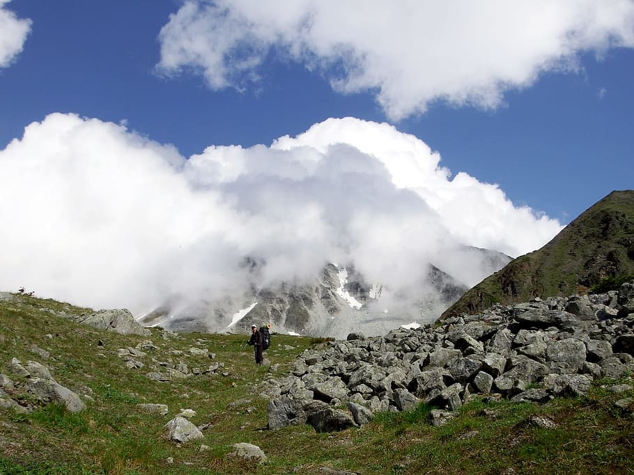 mountains, clouds, sky, height, stones, scree, rocks, landscape HD wallpaper