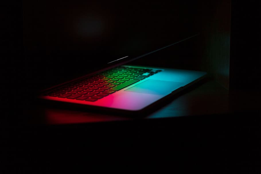 powered on laptop computer on black surface, apple, keyboard, HD wallpaper