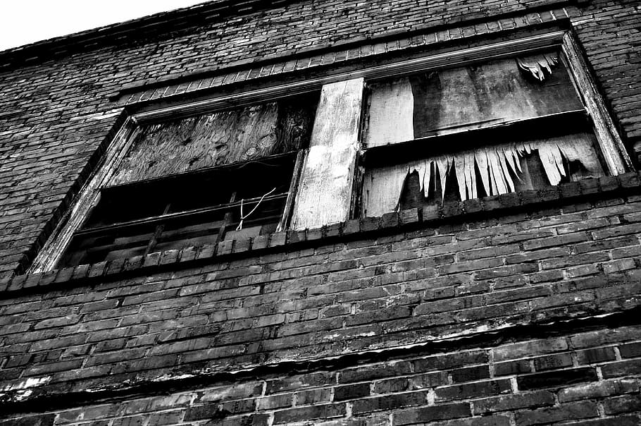 old, broken, window, building, rustic, black and white, building exterior HD wallpaper