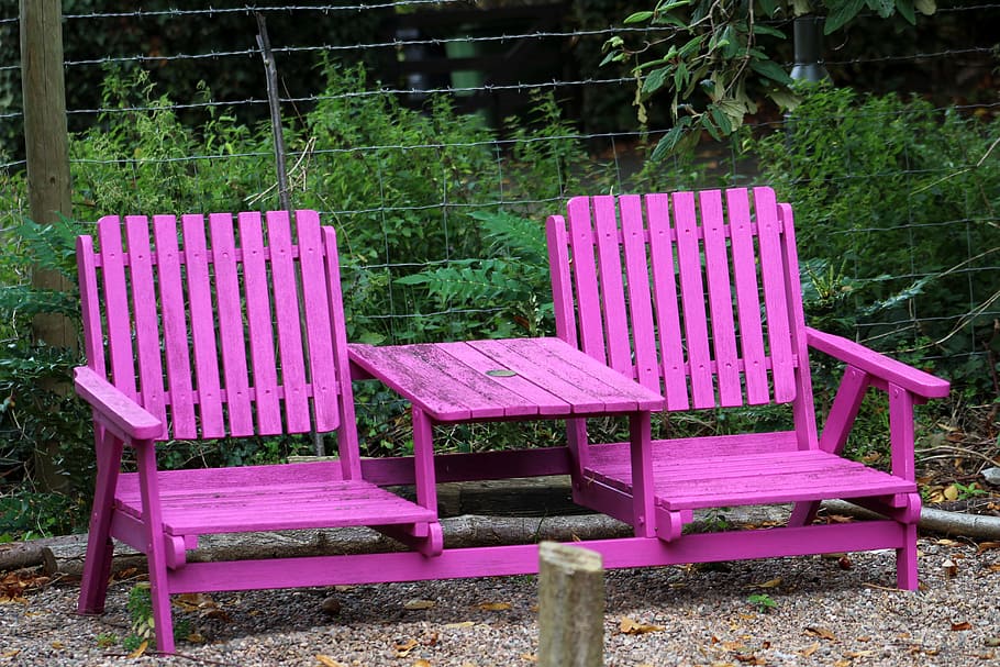 seat, bench, pink, garden, empty, chair, pink color, day, absence, HD wallpaper