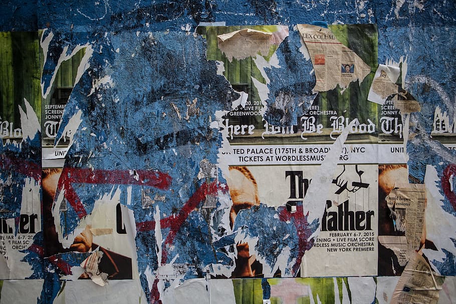 Wide angle shot of torn flyers and posters on a wall in Brooklyn, New York City, HD wallpaper