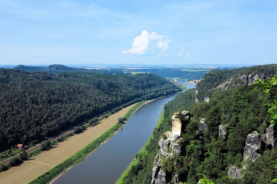 landscape, river, saxony, germany, summer, green, sky, tree HD wallpaper