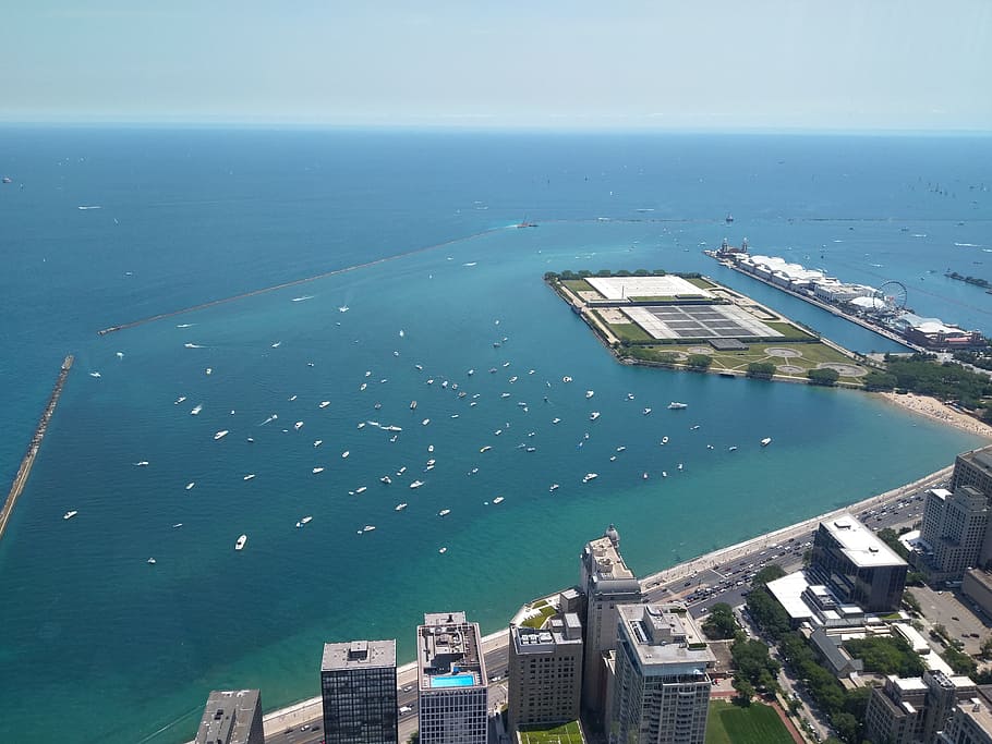 chicago, navy pier, lake, illinois, michigan, birds eye view, HD wallpaper