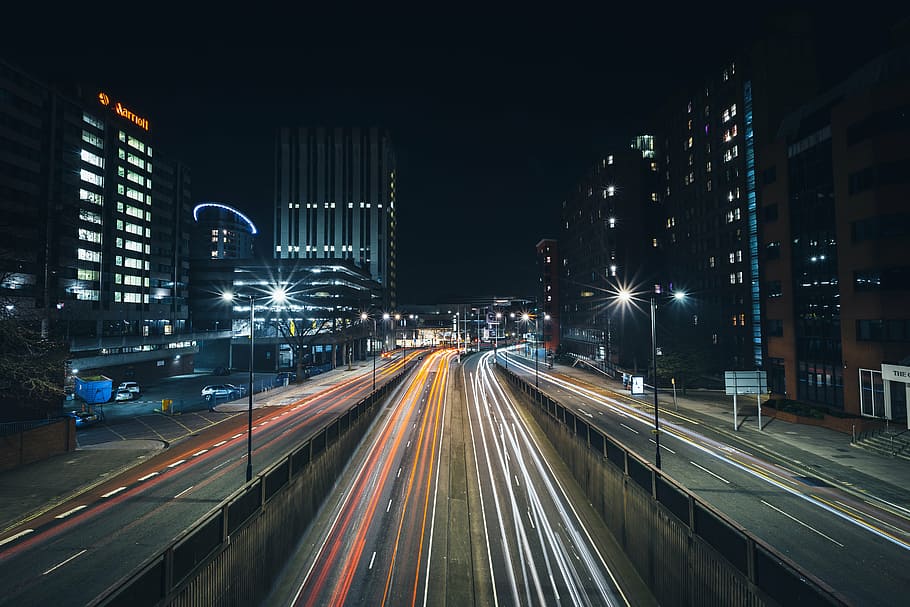 landscape photography on busy road at nighttime, dark, lights HD wallpaper