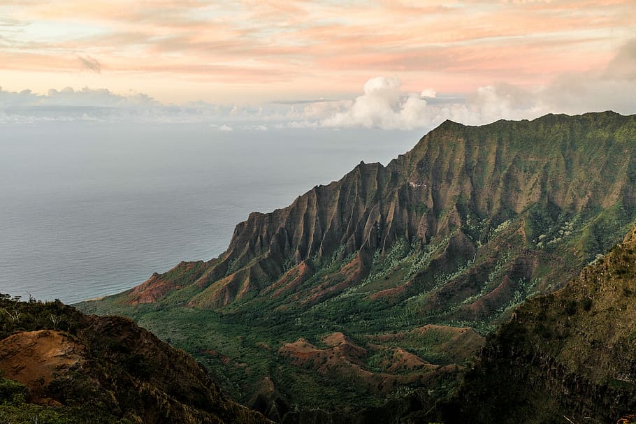 Kalalau Lookout Wide, mountain scenery, kauai, mountain ridge, HD wallpaper