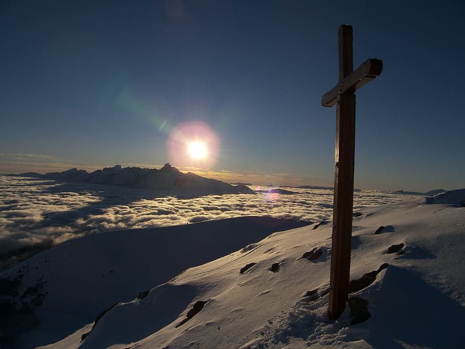 sky, the sun, sunset, landscape, cross, la salette, gargas HD wallpaper