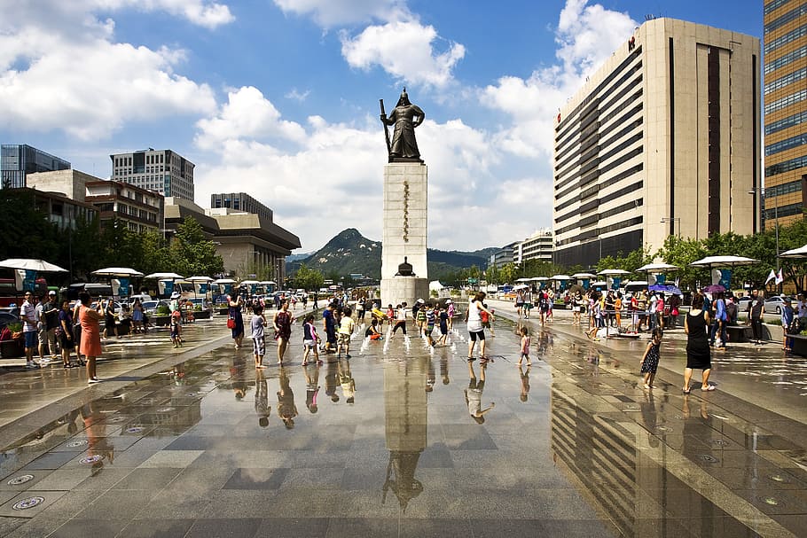 Jongno District, yi sun sin, park, summer, sky, dip, fountain HD wallpaper