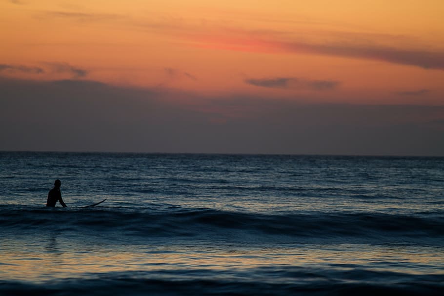 silhouette of person in body of water during golden hour, surfing HD wallpaper