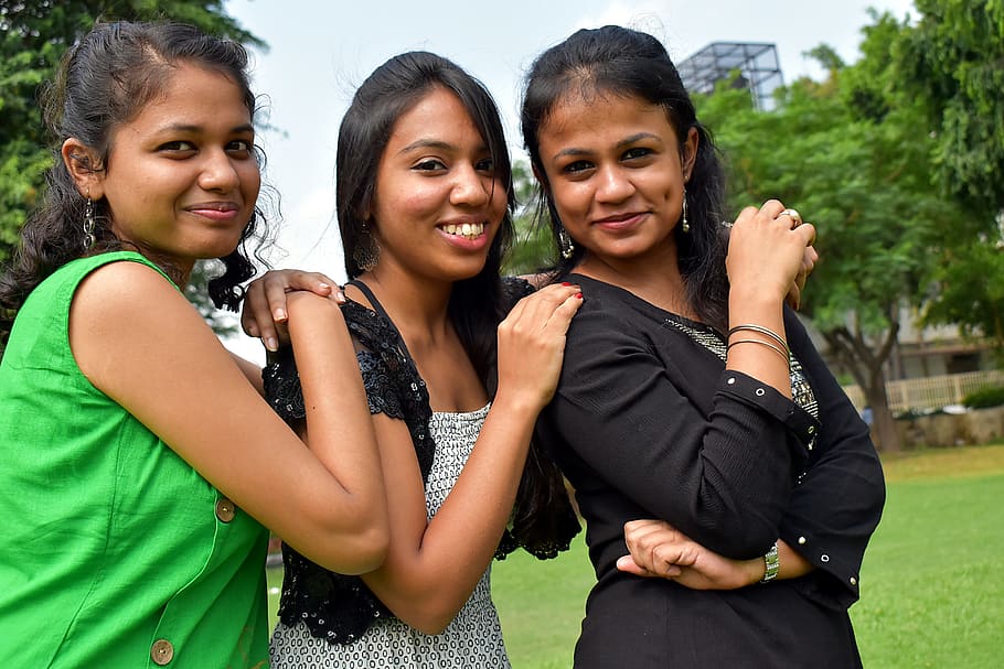 three beauties, feminine, indians, college girls, ladies, smiling, HD wallpaper