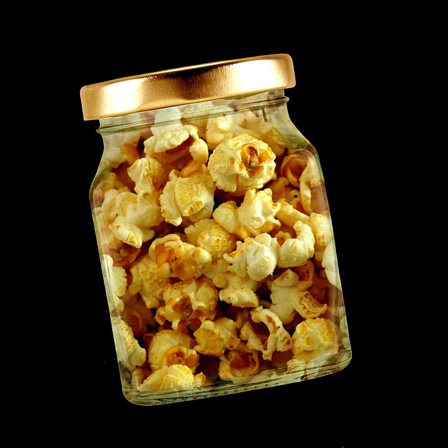 popcorn, glass, lid, food, food and drink, container, black background