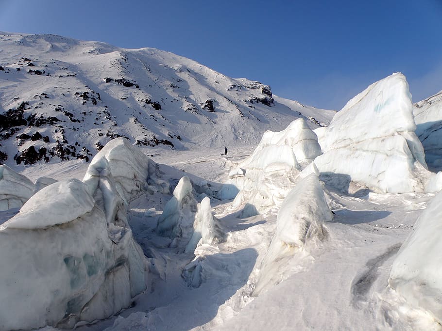 glacier, volcano, blocks, kamchatka, kozelsky volcano, pass HD wallpaper