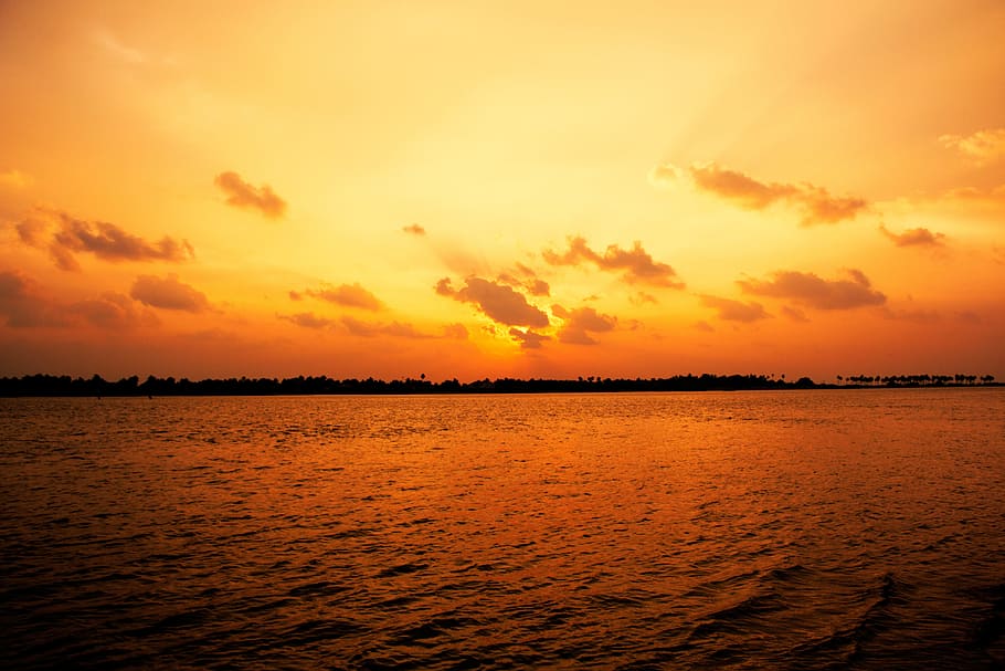 Sunset, Sunshine, Sea, Seashore, Evening, early morning, nature, HD wallpaper