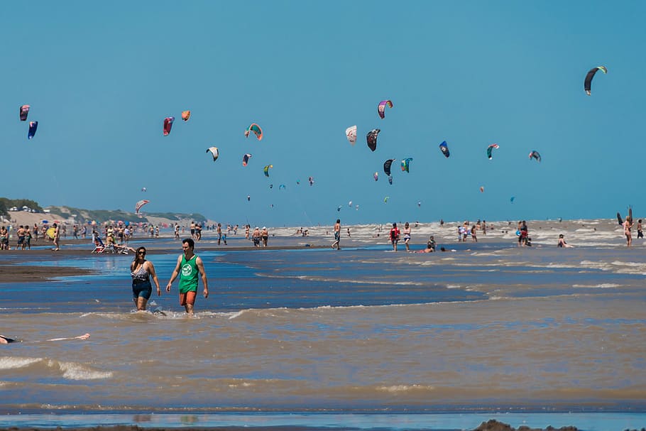 wind, flysurf, kiteboarding, sea, beach, water, sky, land, group of people HD wallpaper