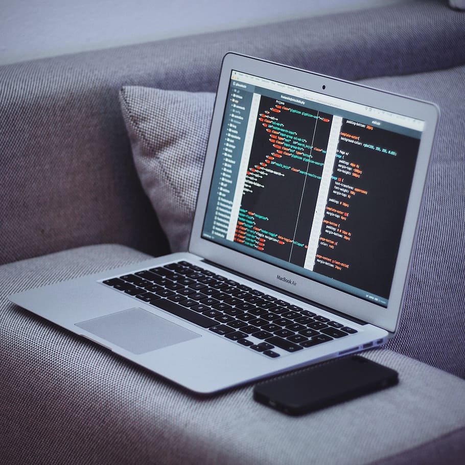 MacBook Air on gray armchair, MacBook Air on gray couch arm, coding HD wallpaper