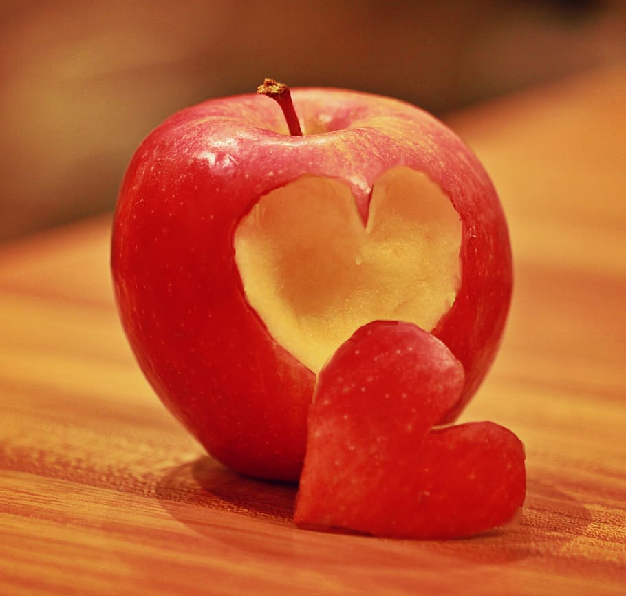 red apple with heart cut, fruit, love, healthy, sweet, deco HD wallpaper