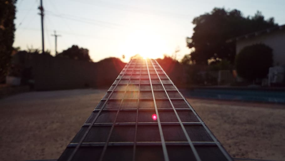 brown wooden guitar fret board, future, pathway, optimism, music HD wallpaper