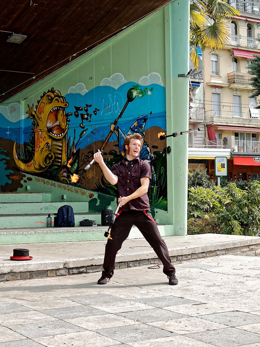 acrobat, fire, juggler, artist, road, artists, graffiti, montreux HD wallpaper