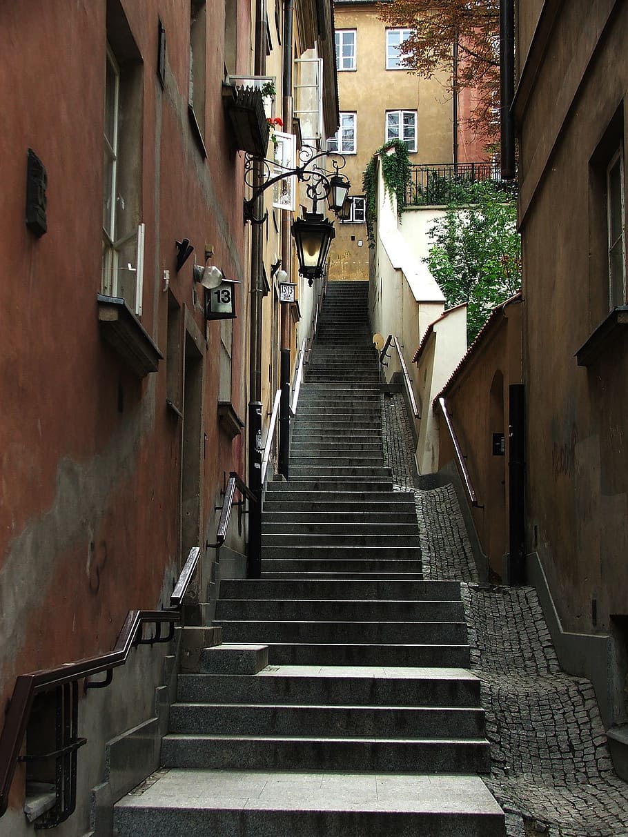 empty concrete stair, the old town, warsaw, street, architecture, HD wallpaper