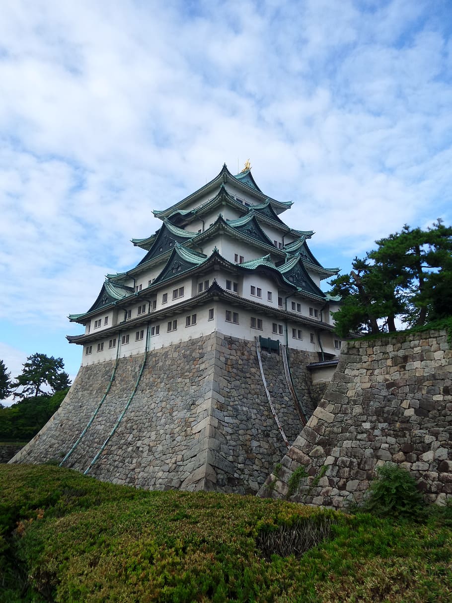 white concrete castle, Japan, Nagoya, Castle, Blue, Sky, architecture