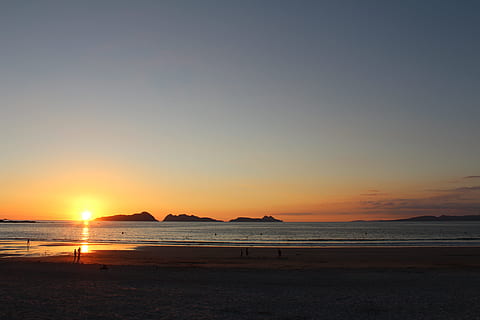 sunset, beach, islas cies, nigran, playa de patos, galicia HD wallpaper