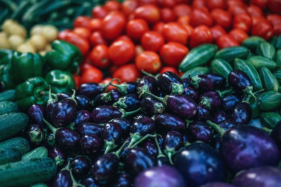 eggplants and tomatoes, closeup photography of purple, green, and red vegetables HD wallpaper