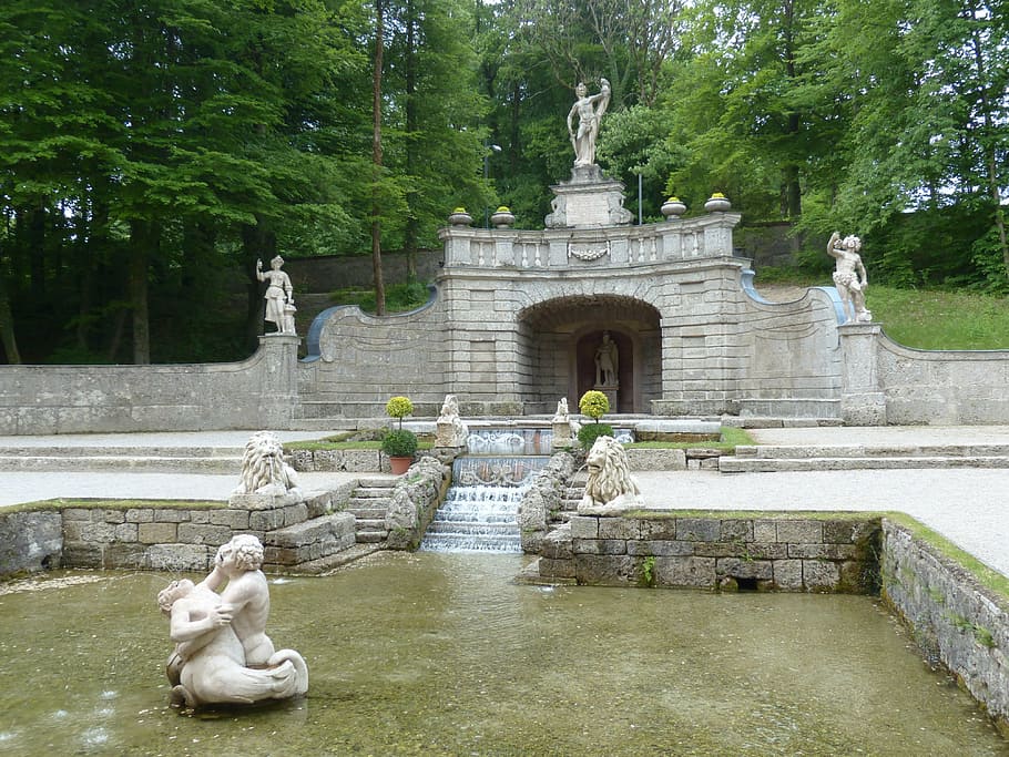 grotto, hellbrunn, stone figure, man, human, statue, garden HD wallpaper