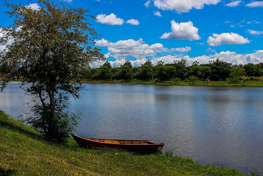 boat, rio, nature, blue, blue sky, landscape, lake, outdoors HD wallpaper