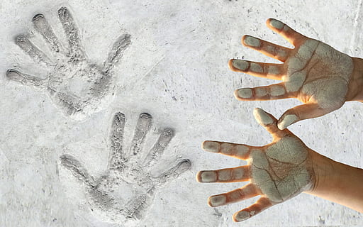 person hands on mark on sand, handprint, dirty, white, human hand HD wallpaper