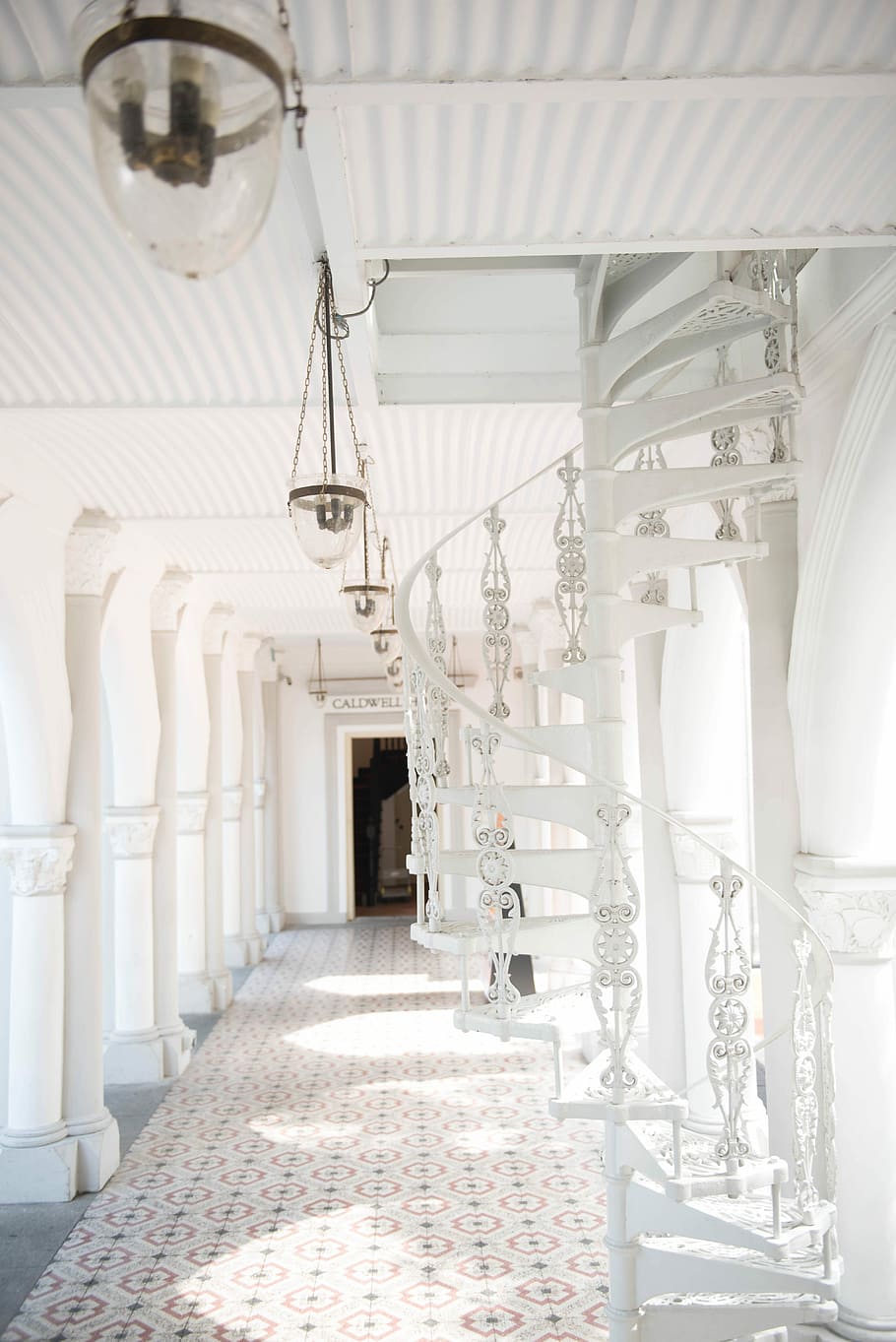 white hallway with ladder, white spiral stairs near pillar, decor HD wallpaper