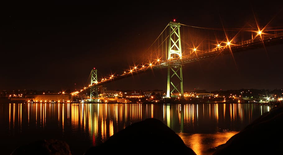 Bridge, Night, Illuminated, River, skyline, night photograph HD wallpaper