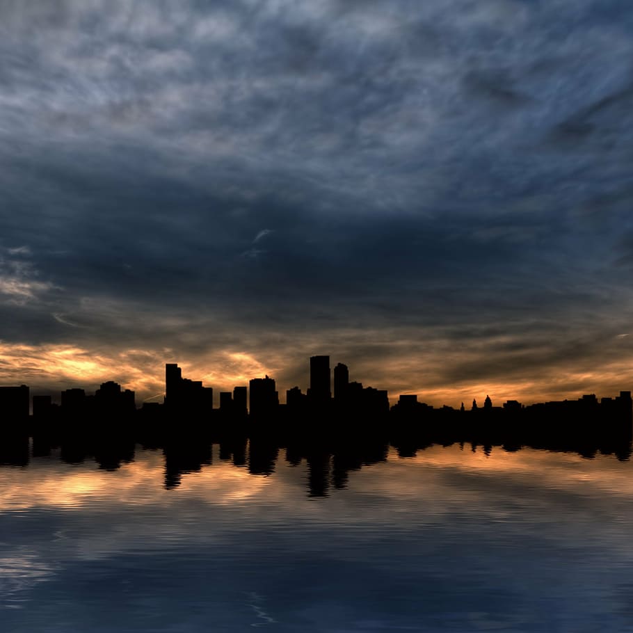 buildings, city, clouds, dawn, dusk, overcast, reflection, silhouette HD wallpaper