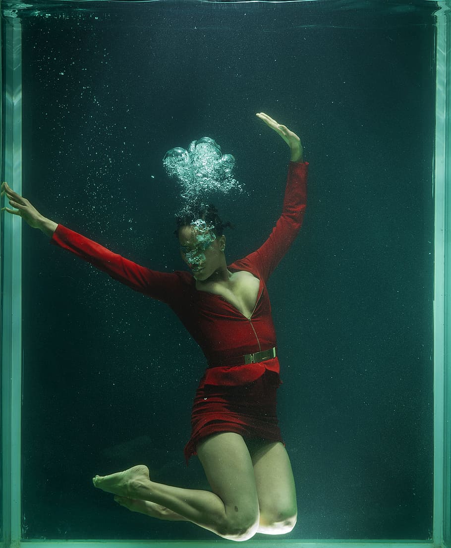 women in red dress on underwater, fine arts, dom, life, women's, HD wallpaper