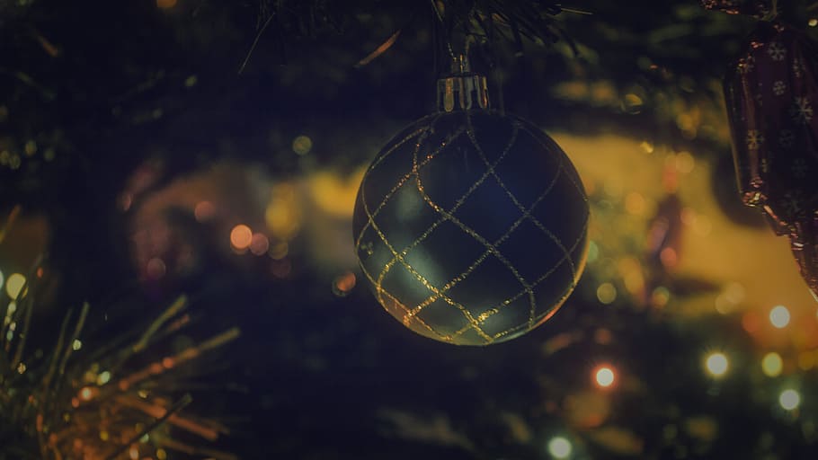 christmas, tree, ball, decor, ornaments, lights, bokeh, celebration HD wallpaper