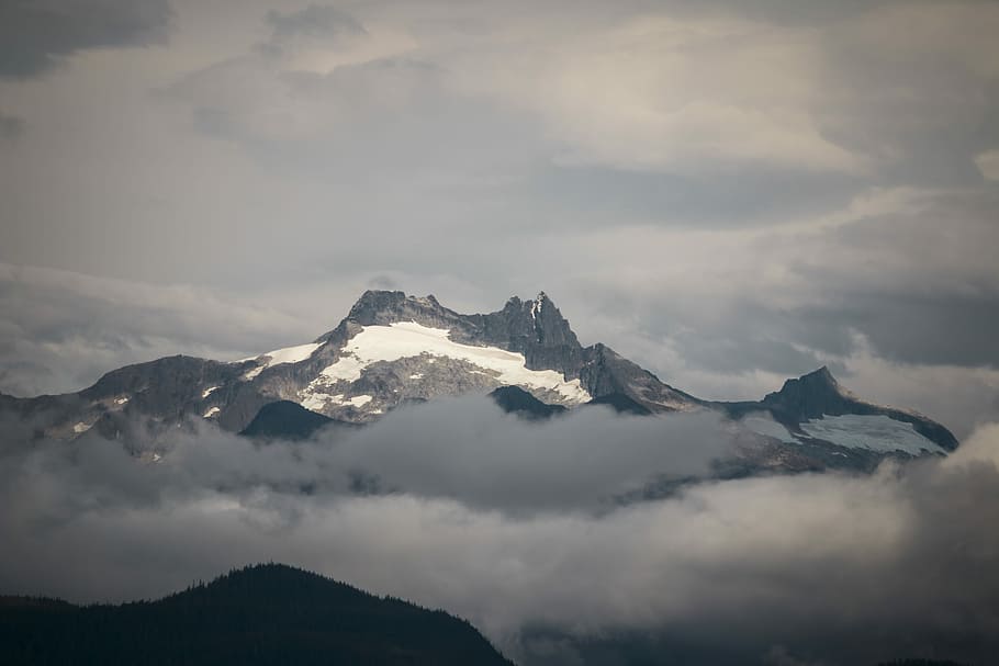 high angle photography of mountain range covered with snow, mountain covered with snow and fog HD wallpaper