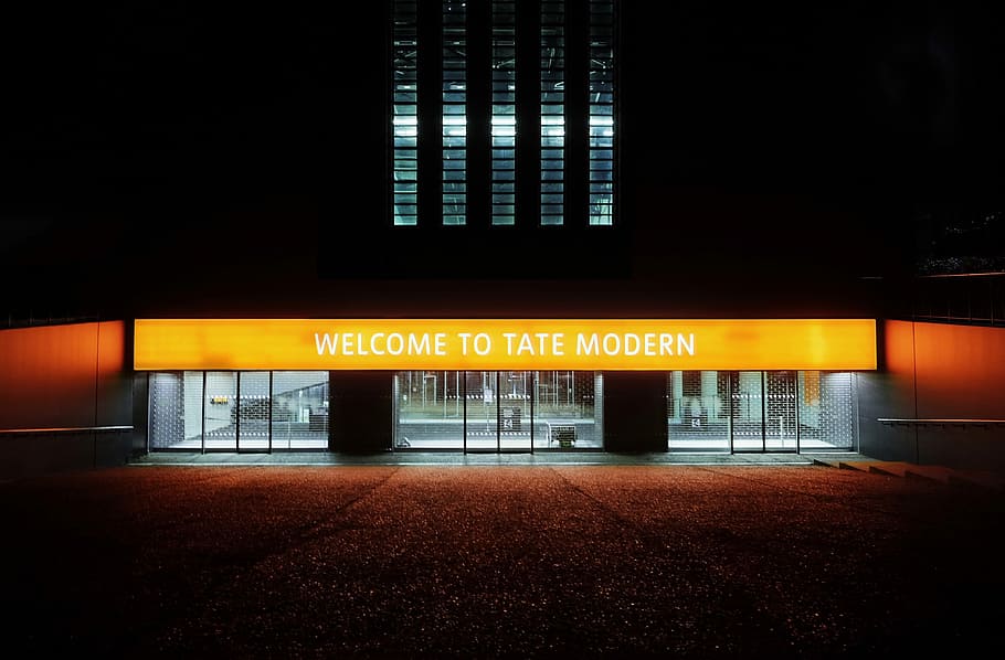 lighted welcome to tate modern signage, building, night, dark HD wallpaper