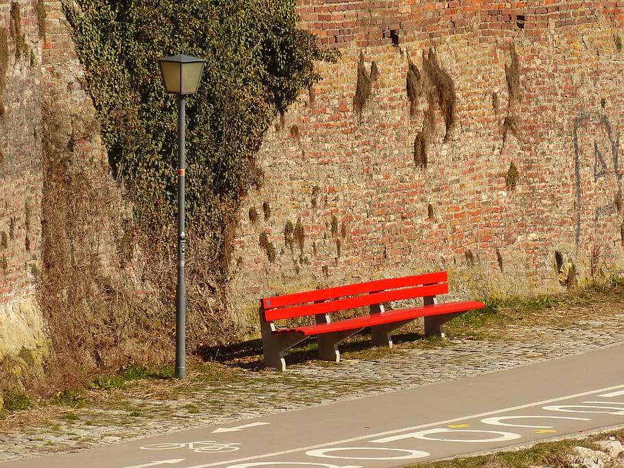 bank, red, sun, bench, break, sunny, warm, street lamp, lantern HD wallpaper