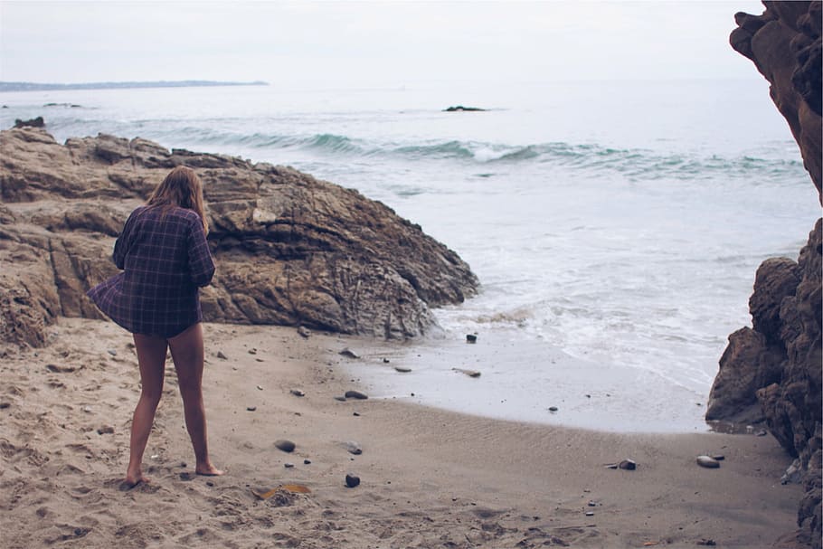 woman standing on seashore during daytime, plaid, shirt, going HD wallpaper