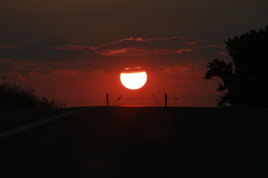 down, melting, orange, red, road, sun, sunset, nature, travel HD wallpaper