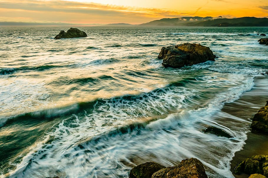 body of water near rock, sea, evening, sunset, motion, scenics - nature HD wallpaper