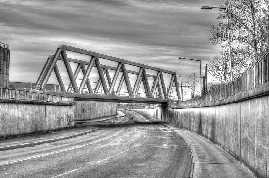 hdr, bridge, emden germany, east frisia, landscape, black and white HD wallpaper