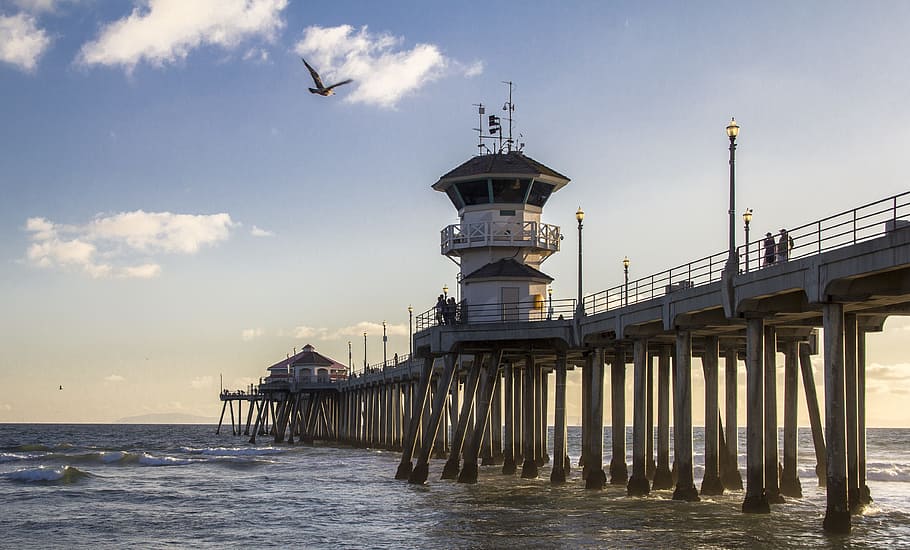 low-angle photography of bridge under blue sky, Huntington Beach, California, HD wallpaper