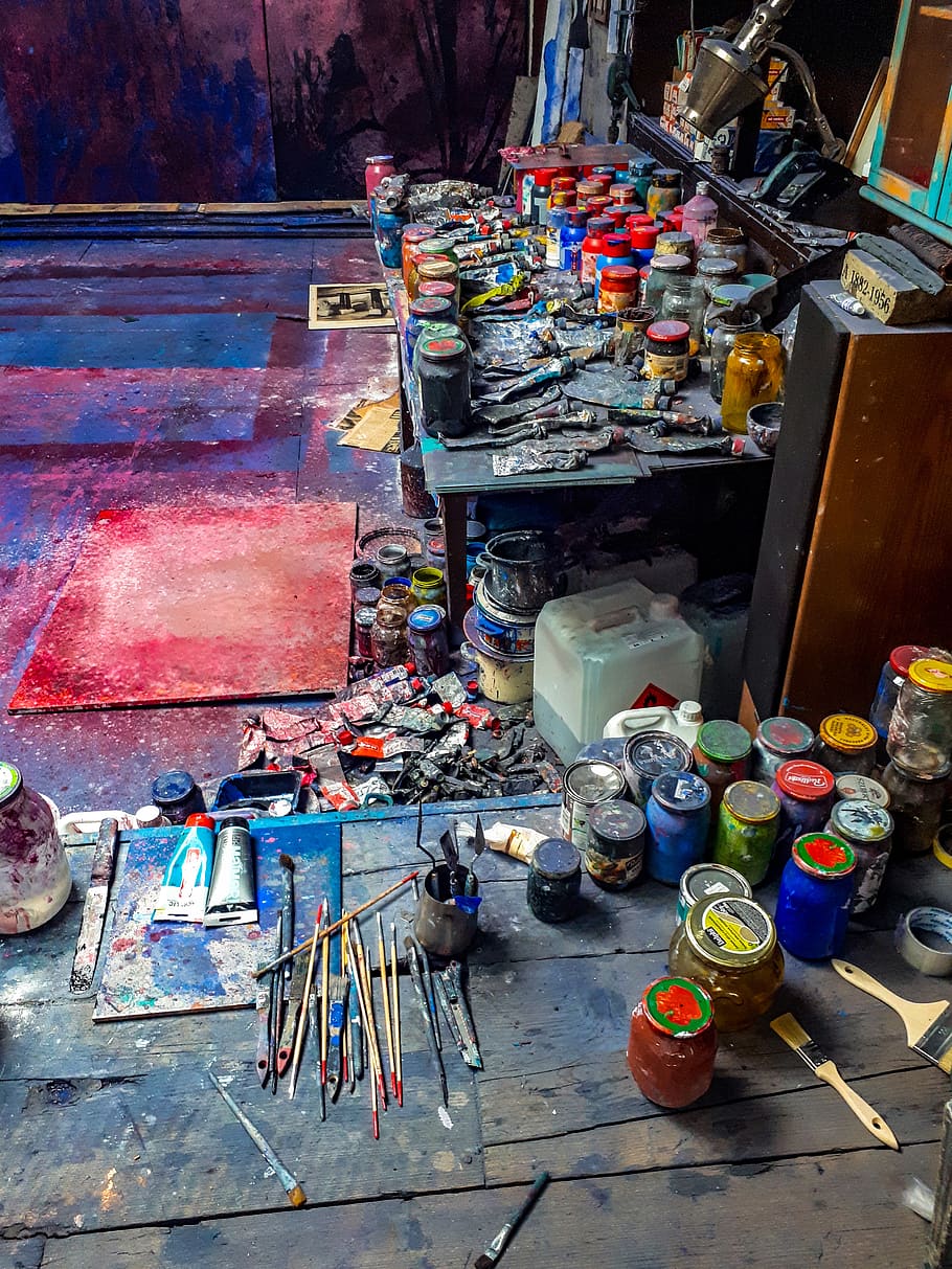 colors, paints, art, workshop, atelier, choice, large group of objects HD wallpaper