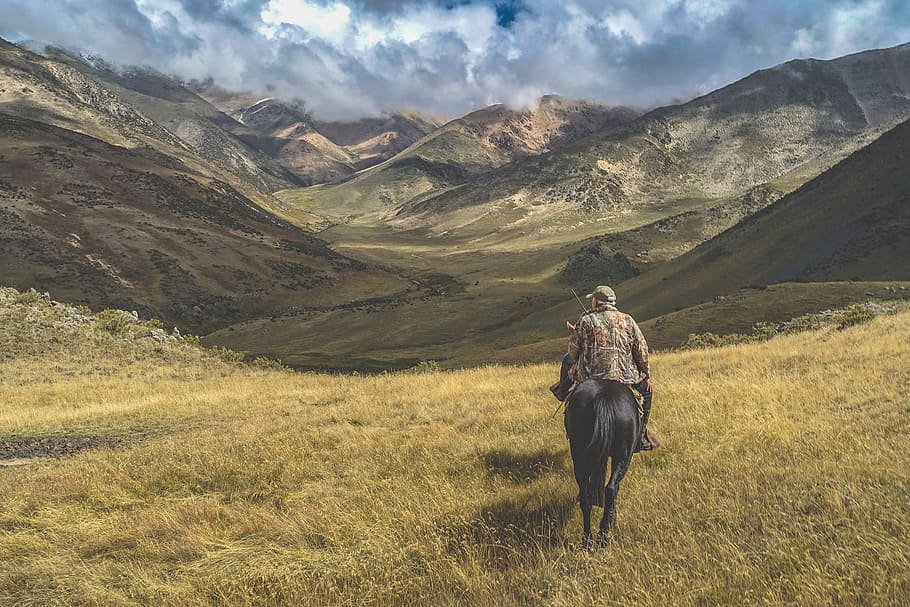 Man Riding Horse on Grass Near Mountains, animals, cavalry, clouds, HD wallpaper