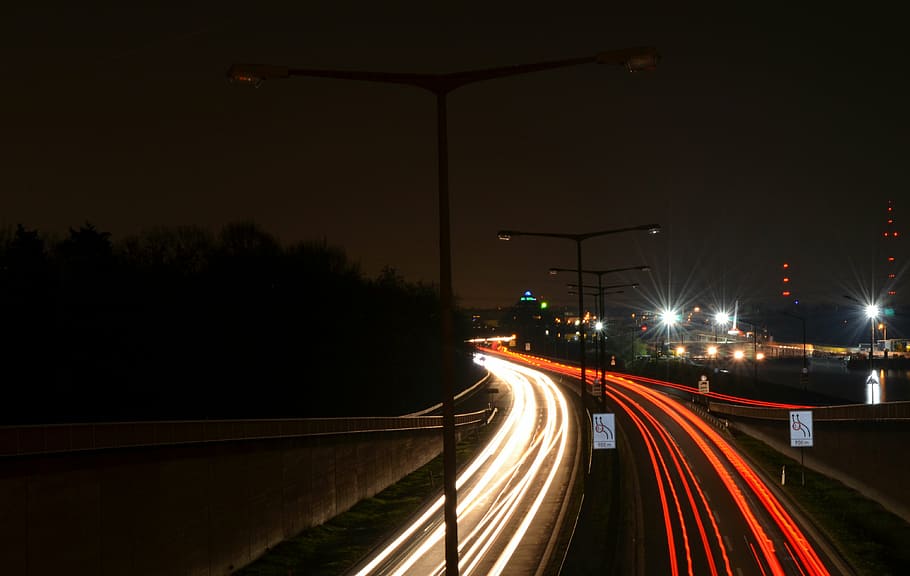 night, night active, highway, lights, at night, traffic, lightpainting HD wallpaper