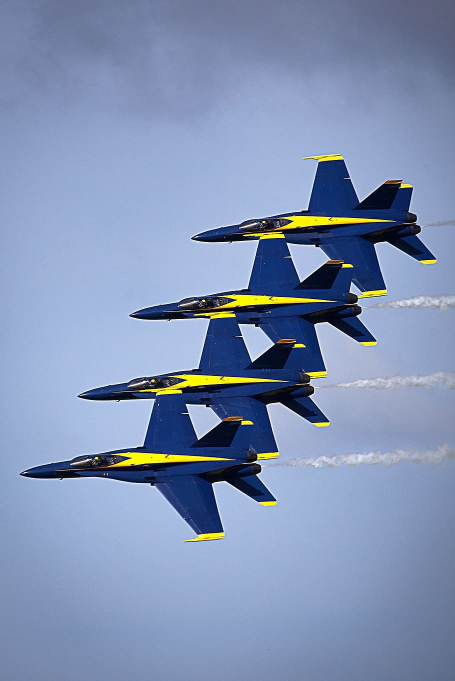 four blue-and-yellow jet planes on flight, blue angels, navy HD wallpaper