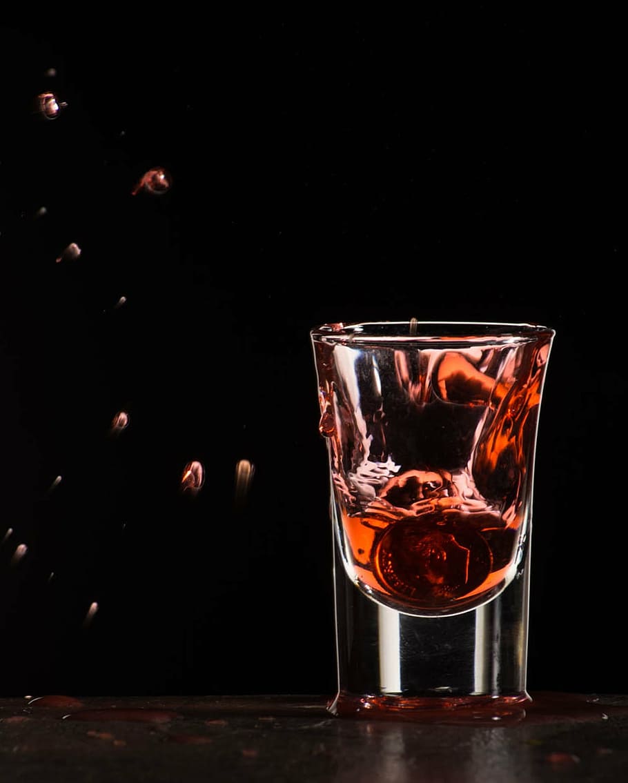 clear drinking glass with liquor, shot glass, splash, liquid, HD wallpaper
